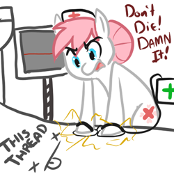 Size: 450x450 | Tagged: safe, artist:mt, imported from derpibooru, nurse redheart, earth pony, pony, defibrillator, electrocardiogram, flatline, reaction image, thread, vulgar