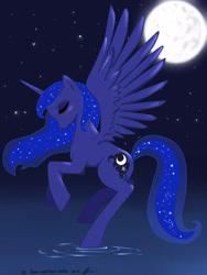 Size: 1200x1600 | Tagged: safe, artist:kaer-morhen, imported from derpibooru, princess luna, pony, eyes closed, female, moon, night, solo, water