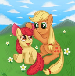 Size: 886x901 | Tagged: dead source, safe, artist:eddiedodoman, imported from derpibooru, apple bloom, applejack, earth pony, pony, apple bloom's bow, bow, cloud, female, filly, flower, grass, hair bow, mare, mountain