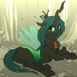 Size: 800x800 | Tagged: safe, artist:javanshir, imported from derpibooru, queen chrysalis, changeling, changeling queen, fly, bugbutt, butt, chrysalass, crown, cute, cutealis, fangs, female, flies, jewelry, lidded eyes, little tree air freshener, looking at you, lying down, on side, plot, prone, quadrupedal, regalia, side, smiling, solo