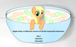 Size: 900x557 | Tagged: safe, imported from derpibooru, applejack, apple jacks, cereal, element of honesty, pun