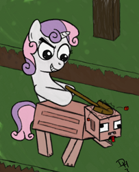 Size: 614x756 | Tagged: safe, artist:dennyhooves, imported from derpibooru, sweetie belle, pig, pony, unicorn, abuse, claire corlett, grin, minecraft, shovel, smiling, that was fast, tongue out