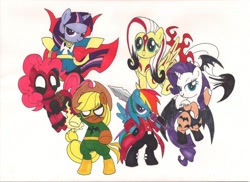 Size: 900x654 | Tagged: safe, artist:xarazel, imported from derpibooru, applejack, fluttershy, pinkie pie, rainbow dash, rarity, twilight sparkle, amaterasu, clothes, cosplay, costume, crossover, dante (devil may cry), darkstalkers, deadpool, devil may cry, devil may cry 3, doctor strange, iron fist, mane six, marvel, morrigan aensland, okami, pinkiepool, ultimate marvel vs capcom 3