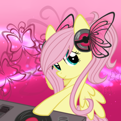 Size: 550x550 | Tagged: safe, artist:oathkeeper21, imported from derpibooru, fluttershy, butterfly, pegasus, pony, disc jockey, female, headphones, pink background, simple background, solo, turntable