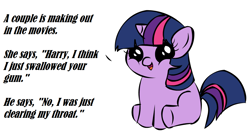 Size: 1194x668 | Tagged: safe, imported from derpibooru, twilight sparkle, pony, unicorn, female, filly, filly twilight telling an offensive joke, foal, joke, meme, vulgar