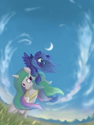 Size: 823x1100 | Tagged: safe, artist:onkelscrut, imported from derpibooru, princess celestia, princess luna, alicorn, pony, amazed, crescent moon, duo, evening, female, filly, grass, luna riding celestia, moon, mountain, open mouth, outdoors, ponies riding ponies, pony hat, raised hoof, riding, royal sisters, s1 luna, siblings, sisters, sky, smiling, spread wings, steppe, vertigo, windswept mane, wings, woona
