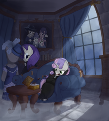 Size: 1056x1178 | Tagged: safe, artist:bakuel, imported from derpibooru, cookie crumbles, hondo flanks, rarity, sweetie belle, pony, unicorn, vampire, bipedal, book, box of chocolates, candy, clothes, cookieflanks, couch, crepuscular rays, drapes, dress, dresser, family photo, female, hat, immortality blues, interior, magic, mannequin, raribat, table, telekinesis