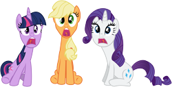 Size: 10066x5130 | Tagged: safe, artist:flutterguy317, imported from derpibooru, applejack, rarity, twilight sparkle, look before you sleep, absurd resolution, screaming, simple background, transparent background, vector