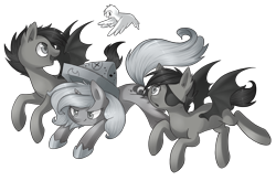 Size: 1418x931 | Tagged: safe, artist:lightning-stars, artist:ls_skylight, imported from derpibooru, princess luna, oc, oc:frolicsome meadowlark, oc:pebbl, oc:sunshine smiles (egophiliac), bat pony, pony, roc, moonstuck, cartographer's cap, eyepatch, grayscale, hat, monochrome, moon roc, simple background, transparent background, woona