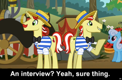 Size: 1024x672 | Tagged: safe, edit, edited screencap, imported from derpibooru, screencap, flam, flim, comic:celestia's servant interview, the super speedy cider squeezy 6000, caption, flim flam brothers, interview, meta