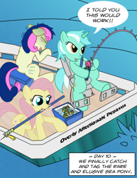 Size: 618x800 | Tagged: safe, artist:capnchryssalid, imported from derpibooru, bon bon, fluttershy, lyra heartstrings, sweetie drops, boat, fishing, sea sick, sea sickness, trio