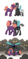 Size: 516x1076 | Tagged: safe, artist:merrypaws, imported from derpibooru, oc, oc only, oc:cotton, oc:greg, changeling, behaving like a dog, changeling x pony, comic, love, protecting, shipping