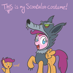 Size: 650x650 | Tagged: safe, artist:atlur, deleted from derpibooru, imported from derpibooru, pinkie pie, scootaloo, animal costume, clothes, costume, wolf costume