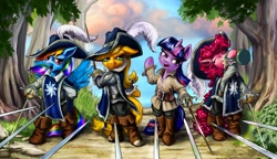 Size: 2000x1150 | Tagged: safe, artist:harwick, imported from derpibooru, applejack, pinkie pie, rainbow dash, twilight sparkle, pony, bipedal, cider, musketeer, rapier, sword, the three musketeers