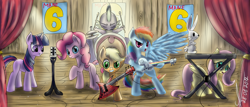 Size: 3920x1680 | Tagged: safe, artist:1vladislav, imported from derpibooru, angel bunny, applejack, fluttershy, pinkie pie, rainbow dash, spike, twilight sparkle, drums, electric guitar, guitar, keyboard, microphone, musical instrument