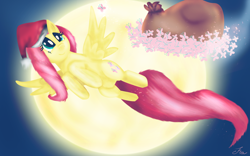 Size: 1478x921 | Tagged: safe, artist:fra-92, imported from derpibooru, fluttershy, butterfly, pegasus, pony, backlighting, christmas, female, flying, full moon, hat, holiday, mare, moon, santa hat, santa sack, smiling, solo, spread wings, swarm, wings