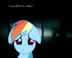 Size: 1024x819 | Tagged: safe, artist:cogz99, imported from derpibooru, rainbow dash, pony, fanfic:my little dashie, crying, feels, forest, irl, photo, ponies in real life, reference, sad, text, vector, woobie