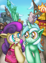 Size: 2508x3468 | Tagged: safe, artist:cazra, imported from derpibooru, bon bon, lyra heartstrings, sweetie drops, earth pony, pony, unicorn, area 51, big ben, colosseum, duo, earth, eiffel tower, great wall of china, high res, pyramid, smiling, statue of liberty