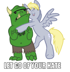 Size: 994x1013 | Tagged: safe, artist:blackfeathr, imported from derpibooru, derpy hooves, pegasus, pony, duo, eyes closed, female, hug, image macro, mare, troll, troll (fantasy)