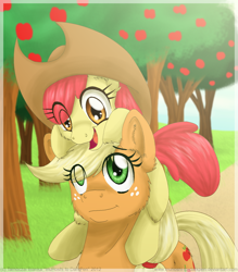 Size: 800x915 | Tagged: safe, artist:inuhoshi-to-darkpen, imported from derpibooru, apple bloom, applejack, earth pony, pony, accessory swap, apple bloom riding applejack, female, fluffy, ponies riding ponies, riding, siblings, sisters