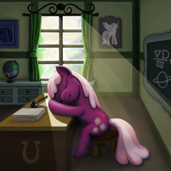 Size: 1600x1600 | Tagged: safe, artist:dahtamnay, imported from derpibooru, cheerilee, pony, classroom, crepuscular rays, desk, female, sleeping, solo, table, window