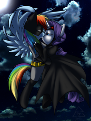 Size: 1400x1866 | Tagged: safe, artist:cat-cly, imported from derpibooru, rainbow dash, rarity, pegasus, pony, unicorn, batman, batmare, bipedal, catmare, catwoman, crossover, duo, female, flying, kiss on the lips, kissing, lesbian, mare, night, parody, raridash, shipping