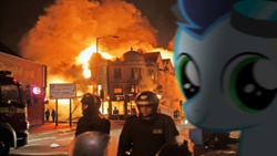 Size: 1920x1080 | Tagged: safe, imported from derpibooru, soarin', human, pony, 2011 england riots, colt, disaster girl, disaster pony, irl, meme, photo, ponies in real life