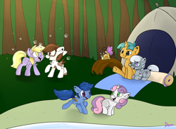 Size: 1700x1241 | Tagged: safe, artist:lustrous-dreams, imported from derpibooru, archer (character), dinky hooves, pipsqueak, scootablue, silver spoon, snails, sweetie belle, archerbelle, background pony, camping, dinkysqueak, female, lesbian, male, shipping, silversnails, snailspoon, straight
