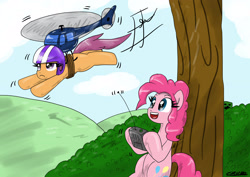 Size: 3506x2481 | Tagged: safe, artist:ciriliko, imported from derpibooru, pinkie pie, scootaloo, earth pony, pegasus, pony, bound wings, creeper, duo, duo female, female, flying lesson, helicopter, high res, remote control, scootaloo can't fly, scootaloo is not amused, scootalove, unamused, wings