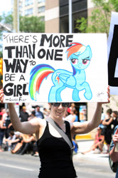 Size: 346x520 | Tagged: safe, artist:bluebird-laughing, imported from derpibooru, rainbow dash, human, canada, irl, irl human, lauren faust, parade, photo, positive message, positive ponies, pride, pride parade, pride week, quote, toronto