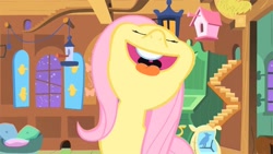 Size: 853x480 | Tagged: safe, imported from derpibooru, screencap, fluttershy, pony, season 1, stare master, eyes closed, faic, female, fluttershy's cottage (interior), indoors, mare, open mouth, solo, tongue out