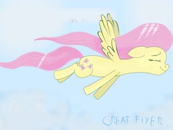 Size: 2272x1704 | Tagged: dead source, safe, artist:fearyzy, imported from derpibooru, fluttershy, pegasus, pony, eyes closed, female, flying, mare, profile, smiling, solo, spread wings, wings