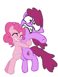 Size: 600x800 | Tagged: safe, imported from derpibooru, berry punch, berryshine, pinkie pie, earth pony, pony, bipedal, duo, duo female, female, gritted teeth, hug, simple background, transparent background