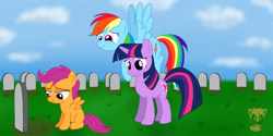 Size: 1280x640 | Tagged: safe, artist:timidusartifex, imported from derpibooru, rainbow dash, scootaloo, twilight sparkle, grave