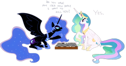 Size: 1500x790 | Tagged: safe, artist:glamourkat, artist:kalas17, imported from derpibooru, nightmare moon, princess celestia, alicorn, pony, checkers, duo, female, mare