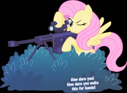 Size: 800x589 | Tagged: safe, artist:maishida, imported from derpibooru, fluttershy, pegasus, pony, barrett m82, bipedal, black background, brush, female, flutterbadass, gun, hooves, mare, one eye closed, optical sight, rifle, simple background, sniper, sniper rifle, snipershy, solo, spread wings, weapon, wings