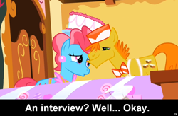 Size: 1024x671 | Tagged: safe, imported from derpibooru, carrot cake, cup cake, comic:celestia's servant interview, caption, carrot cup, female, interview, male, shipping, straight