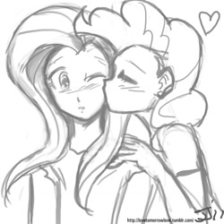 Size: 1280x1280 | Tagged: safe, artist:johnjoseco, imported from derpibooru, fluttershy, pinkie pie, human, cheek kiss, duo, female, flutterpie, grayscale, humanized, kissing, lesbian, monochrome, shipping