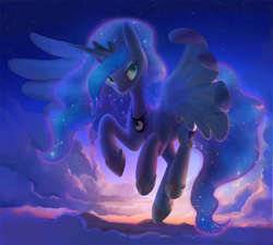 Size: 1650x1482 | Tagged: safe, artist:dawnfire, imported from derpibooru, princess luna, alicorn, pony, backlighting, cloud, cloudy, colored pupils, female, flying, jewelry, lidded eyes, looking at you, mare, regalia, sky, solo, spread wings, sunset, wing fluff, wings