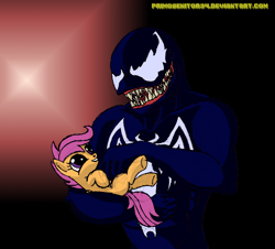 Size: 1178x1064 | Tagged: dead source, safe, artist:primogenitor34, imported from derpibooru, scootaloo, pony, bellyrubs, crossover, cute, cutealoo, duo, holding a pony, spider-man, venom