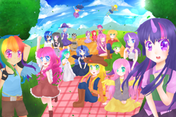 Size: 2929x1945 | Tagged: safe, artist:nooosheee, imported from derpibooru, apple bloom, applejack, big macintosh, cheerilee, derpy hooves, dj pon-3, fluttershy, octavia melody, pinkie pie, princess celestia, princess luna, rainbow dash, rarity, scootaloo, screwball, spike, sweetie belle, trixie, twilight sparkle, vinyl scratch, zecora, human, belly button, cheeribetes, cheerimac, clothes, cute, cuteball, cutie mark crusaders, dress, female, horned humanization, human female, humanized, looking at you, macabetes, male, mane seven, mane six, midriff, mountain, open mouth, picnic, shipping, sitting, skirt, smiling, straight, tailed humanization, tavibetes, vinylbetes, wall of tags, waving, wind, winged humanization, zecorable