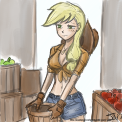 Size: 800x800 | Tagged: safe, artist:johnjoseco, artist:michos, imported from derpibooru, applejack, human, belly button, clothes, daisy dukes, female, front knot midriff, humanized, midriff, solo, tired