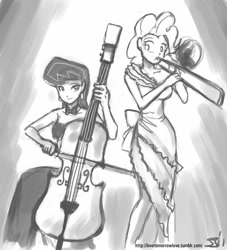 Size: 909x1000 | Tagged: safe, artist:johnjoseco, imported from derpibooru, octavia melody, pinkie pie, human, grayscale, humanized, monochrome