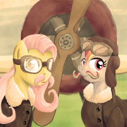 Size: 1000x1000 | Tagged: safe, artist:muffinshire, imported from derpibooru, fluttershy, rainbow dash, goggles, mousdash, moustache, plane