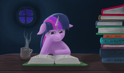 Size: 1200x712 | Tagged: safe, artist:raedrob, deleted from derpibooru, imported from derpibooru, twilight sparkle, book, coffee, reading