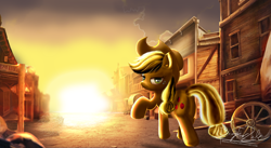 Size: 5120x2804 | Tagged: safe, artist:zelc-face, imported from derpibooru, applejack, pony, applejack's hat, cowboy hat, female, hat, scenery, solo, sun, town