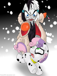 Size: 1936x2592 | Tagged: safe, artist:flowersimh, imported from derpibooru, rarity, sweetie belle, pony, 101 dalmatians, bipedal, cruella de vil, duo