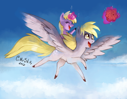 Size: 1286x1010 | Tagged: safe, artist:cuteskitty, imported from derpibooru, derpy hooves, dinky hooves, pegasus, pony, cloud, cloudy, dinky riding derpy, duo, eyes closed, female, flying, magic, mare, mother and daughter, muffin, ponies riding ponies, riding, sky, telekinesis