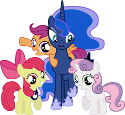 Size: 8668x8000 | Tagged: safe, artist:emper24, imported from derpibooru, apple bloom, princess luna, scootaloo, sweetie belle, alicorn, earth pony, pegasus, pony, unicorn, absurd resolution, accessory swap, cutie mark crusaders, female, filly, foal, mare, simple background, transparent background, vector