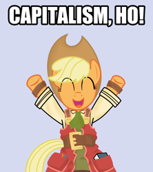 Size: 800x900 | Tagged: safe, artist:smile, imported from derpibooru, applejack, pony, bipedal, capitalism, clothes, crossover, female, recette, recettear, simple background, solo